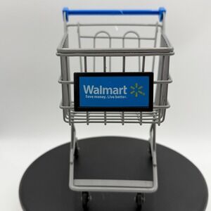 Walmart Miniature Shopping Cart Metal Toy Desk Accessory Blue Handle Logo Prop